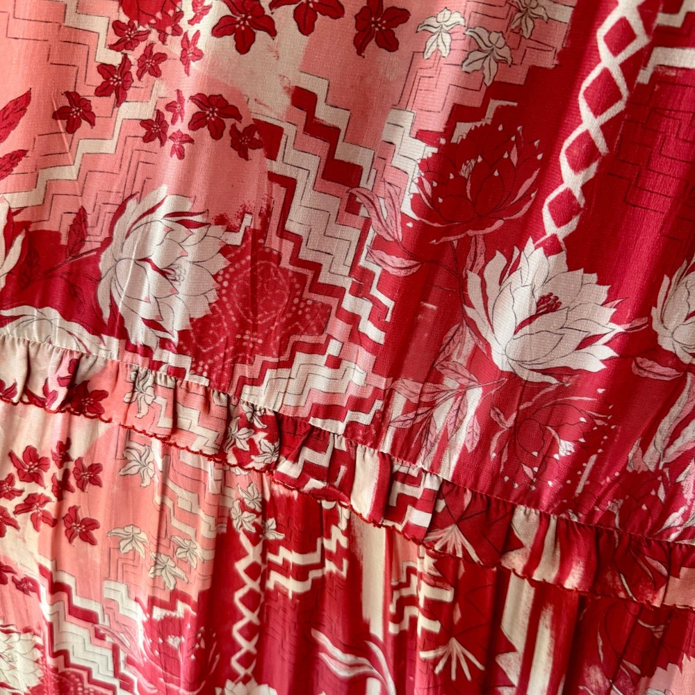 Chufy Paracas Caftan Dress S Red Pink Floral Tiered Maxi Boho Resort Luxury Vaca - Picture 10 of 15